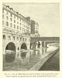 Utsikt over Hôtel-Dieu fra siden av Seinen og tregangbroen bak som vi fortsatt kan se sidestykket til Saint-Charles-broen, 1877 av French School