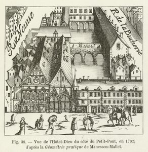Utsikt over Hôtel-Dieu fra Petit-Pont-siden, i 1702; i henhold til den praktiske geometrien til Manesson-Mallet av French School