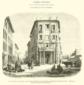 Utsikt over Maison du Poussin, på Trinite du Mont, tatt fra portikken til huset til Claude Lorrain (gravering) av French School