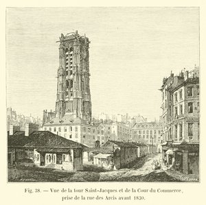 Utsikt over Saint-Jacques-tårnet og Cour du Commerce, tatt fra rue des Arcis før 1830 av French School
