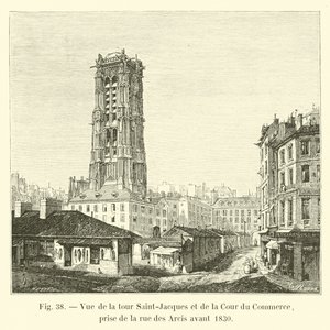Utsikt over Saint-Jacques-tårnet og Cour du Commerce, tatt fra rue des Arcis før 1830 av French School