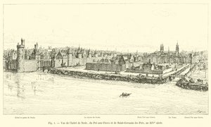 Utsikt over Hôtel de Nesle, Pre aux Clercs og Saint-Germain des Pres, på 1300-tallet av French School