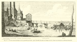 Utsikt over palasstårnene og den midlertidige gangbroen, etter Pont au Change-brannen i 1621, fra en tegning i Bonnardot-samlingen av French School