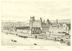 Utsikt over Louvre og Hotel de Bourbon i 1576 av French School
