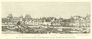 Utsikt over Louvre og Quai de lEcole-Saint-Germain, ca. 1640, faksimile av en gravering fra La Belle av French School