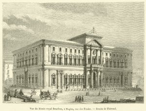 Utsikt over Royal Bourbon Museum, i Napoli, rue des Etudes (gravering) av French School