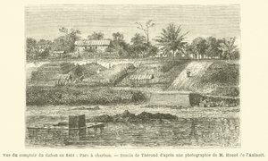 Utsikt over Comptoir du Gabon i 1861, Parc a Charcoal (gravering) av French School