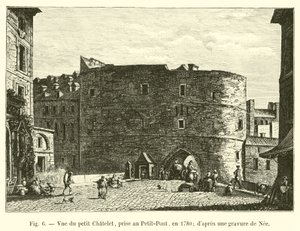 Utsikt over Petit Chatelet, tatt ved Petit-Pont, i 1780; fra en gravering av Nee av French School
