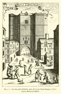 Utsikt over Petit Chatelet, tatt fra Rue Saint-Jacques, 1702, etter Manesson Mallet av French School