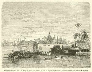 Utsikt over havnen og bryggene i Bangkok, tatt fra en båt foran Missionskirken (gravering) av French School