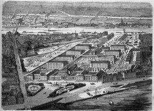 Utvendig utsikt over Hotel Dieu (Hotel-Dieu) i Nantes, innviet i 1863. Dette sykehuset ble nesten fullstendig ødelagt under et bombardement i 1943. Loire Atlantique (44). Gravering i ""Le Monde Illustre"" nr. 347 av 5. desember 1863. av French School