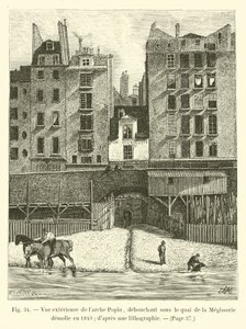 Utvendig utsikt over Popin-buen, som dukker opp under Quai de la Megisserie revet i 1840; fra en litografi av French School