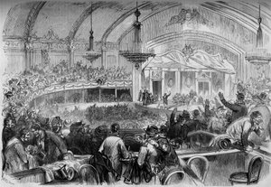 Krigen i 1870 - lovgivende valg under våpenhvilen - februar 1871: valgmøte på Cabaret des Folies Bergeres i Paris for proklamasjon av kandidater til nasjonalforsamlingen. Gravering i "" Le Monde Illustré"" nr. 722 av 11. februar 187 av French School