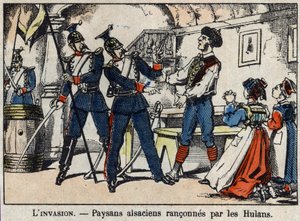 Krig i 1870 mellom Frankrike og Preussen: Elsassiske bønder ranet av Hulans (Uhlans, Houlans) bildet av Epinal. av French School
