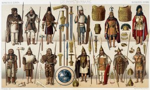 Våpen og kostymer fra den barbariske epoken - i "" Den historiske kostymen"" av Racinet av French School