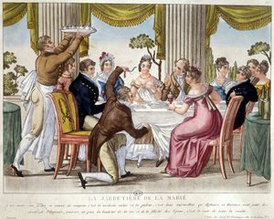 Bryllupsmåltid, strømpebåndsritual - ca. 1812. av French School