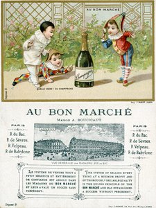 Hvilken lykke! en flaske champagne; foran og bak på et kampanjekort for Bon Marché-varehusene i Paris, ca. 1895 av French School