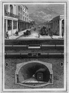 Hva er under broen til London (Storbritannia): Gassrør, vannrør, pneumatisk rør for avfall, avløp, tunnel og jernbanelinje for storbyområder. Gravering i "" La Nature. Revue des sciences et de ses applications aux arts et à l