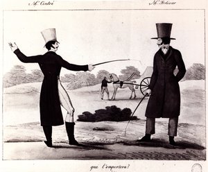 Hvem vil vinne? Scene fra duellen mellom M. Cintre og M. Bolivar, ca. 1820 av French School