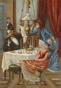 Kone irettesetter mannen sin for å ha underholdt elskerinnen sin til middag (chromolitho) av French School