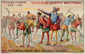 William av Orange ødelegger diker for å tillate flom av Holland (chromolitho) av French School