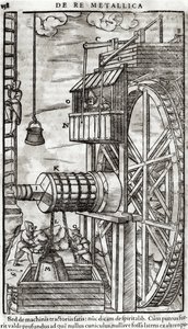 Vinsj for å hente vann fra en gruve, illustrasjon fra De Re Metallica av Georg Bauer (1494-1566) kjent som Agricola, 1561 av French School