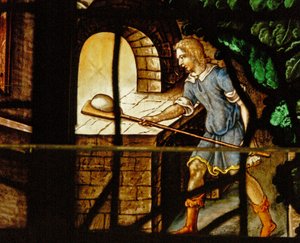Window Charnier-13 som viser bakerne på jobb og en scene fra Abraham som blir besøkt av 3 engler av French School