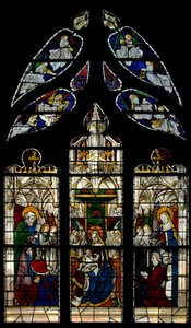 Vindu E3 som viser jomfruen og barnet på tronen: også giverne med deres skytshelgener (St. Peter og St. Barbara) av French School