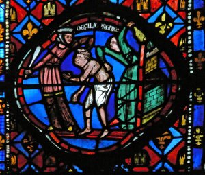 Window Ew-L som viser en scene fra historien om den fortapte sønnen: han blir kastet ut av coutesanene av French School
