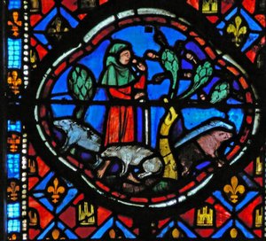 Window Ew-L som viser en scene fra historien om den fortapte sønnen: han passer på griser og tenker av French School