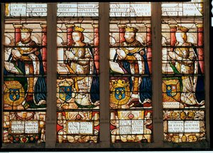 Vindu som viser Francois de Bourbon (1539-92) Prins Dauphin, Rene dAnjou (1550-74) Duchesse de Montpensier, Henri de Bourbon (1573-1608) Duc de Montpensier og Catherine de Joyeuse, Duchesse de Guis av French School