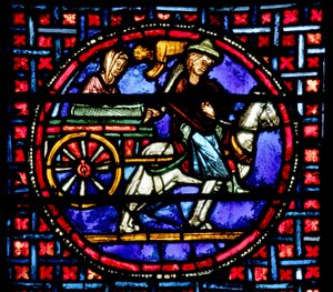 Vindu som viser Julienne som flytter relikviene til St. Stephen til Konstantinopel av French School