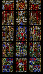Vindu som viser kong Salomo tronet (farget glass) av French School