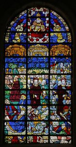 Vindu som viser lidenskapsscener (farget glass) av French School