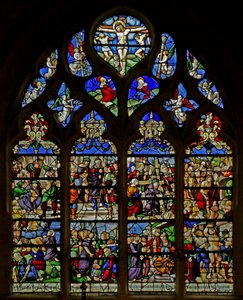 Vindu som viser lidenskapsscener (farget glass) av French School