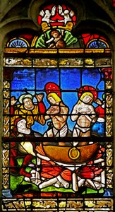 Vindu som viser Saint Crepin og Saint Crepinien: Martyrdommen (farget glass) av French School