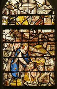 Vindu som viser Saint Louis som begraver de døde (farget glass) av French School