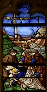 Vindu som viser Saint Mary Magdalene: Grevinne av Provence som dør på pilegrimsreise til Det hellige land (farget glass) av French School