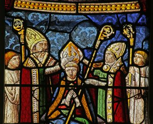 Vindu som viser Saint Nicholas som ble biskop av Myra (farget glass) av French School