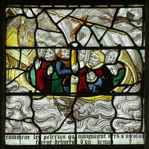 Vindu som viser Saint Nicholas som redder pilegrimer fra å bli forliste i en storm (farget glass) av French School
