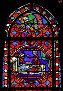 Vindu som viser scene fra livet til Saint Bonnet: Healing of a Blind Woman av French School