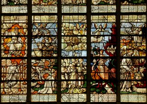 Vindu som viser scener fra Åpenbaringsboken (farget glass) av French School