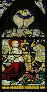 Vindu som viser St Catherine som ber og engler som bryter hjulet ved å kaste steiner, 1460-70 av French School