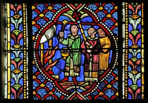 Vindu som viser en scene fra livet til Saint Artheme: En brann i byen Clermont nødvendiggjør bevegelsen av Saints Relics. En prosesjon bærer relikvieskrinet og ankommer bålet og b av French School