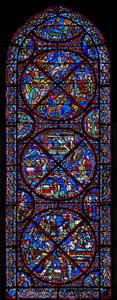 Vindu som viser scener fra St. Stephens liv av French School