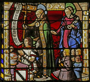 Vindu som viser giverne Claude de Crépy og sønner med Saint Claude og Saint Peter av French School