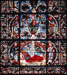 Vindu som viser Jesse-treet, detalj av den nedre halvdelen (farget glass) av French School