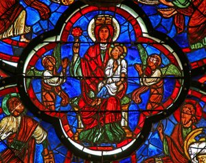 Vindu som viser jomfruen som holder Kristus på kneet og en rose i høyre hånd (detalj fra 347113) av French School
