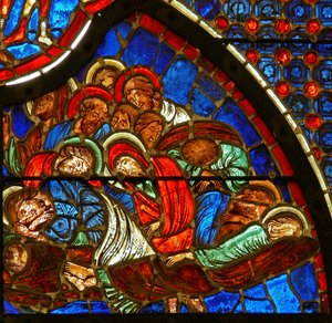 Vindu som viser disiplene som sover i Getsemane av French School