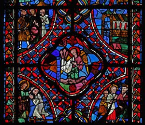 Vindu som viser den andre delen av St James-vinduet, w5: i midten er pasjonsspikerne; Filetus er omvendt; Hermogenes med St James; en kirke; St James med 2 menn nn (beiset g av French School